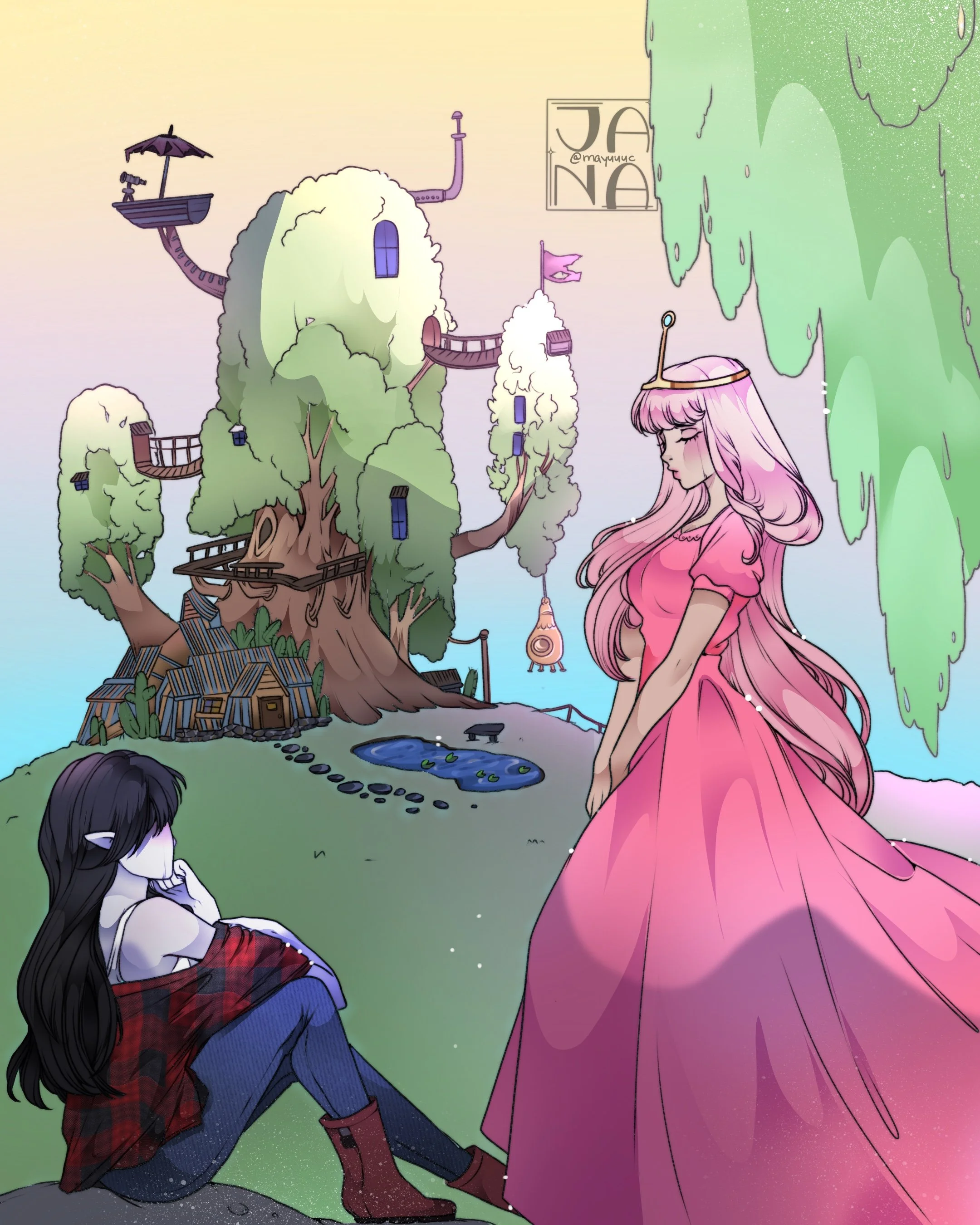 A girl with long black hair and a white face with dark makeup, wearing a red plaid shirt, blue jeans, and red boots, sitting on the ground and looking up at a girl with long pink hair, wearing a pink dress, standing nearby. In the background, there i