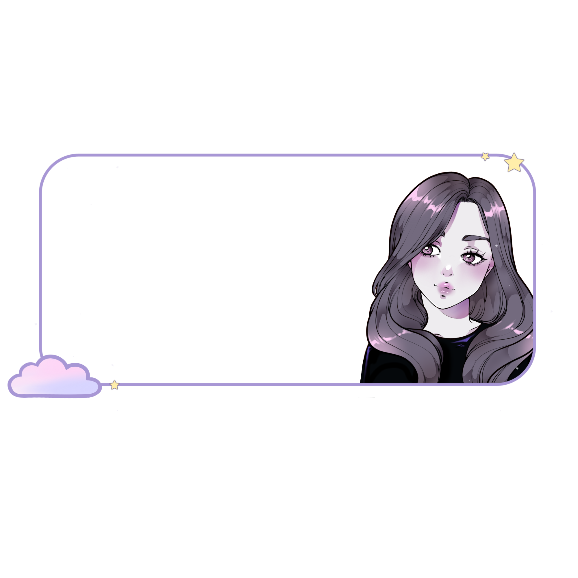 Anime-style illustration of a young woman with purple hair and pink eyes, with a cloudy background and purple pastel accents.
