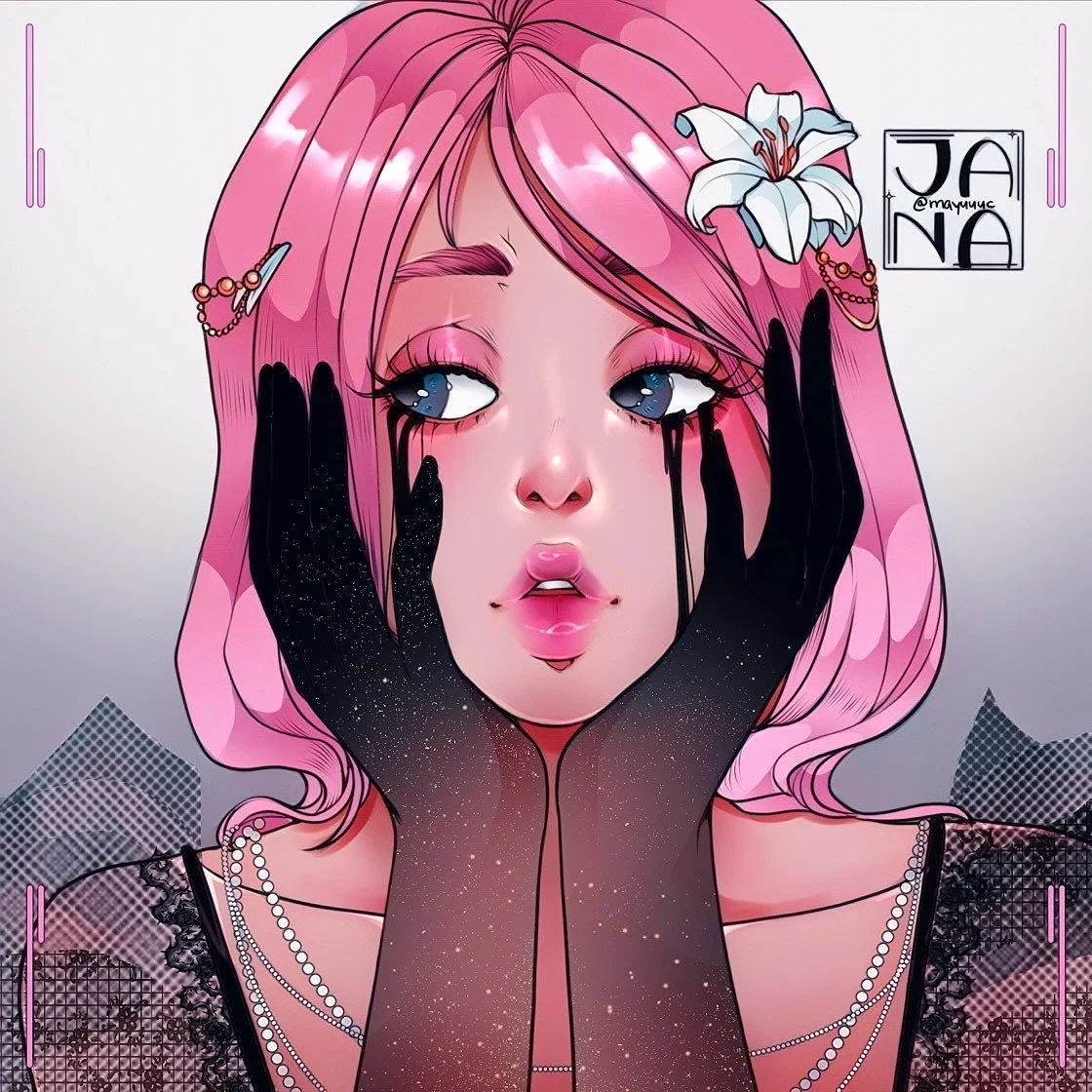 Digital illustration of a young female with pink hair, holding her face with black glittery gloves, with emotional expression, white flower in her hair, and decorative accessories.