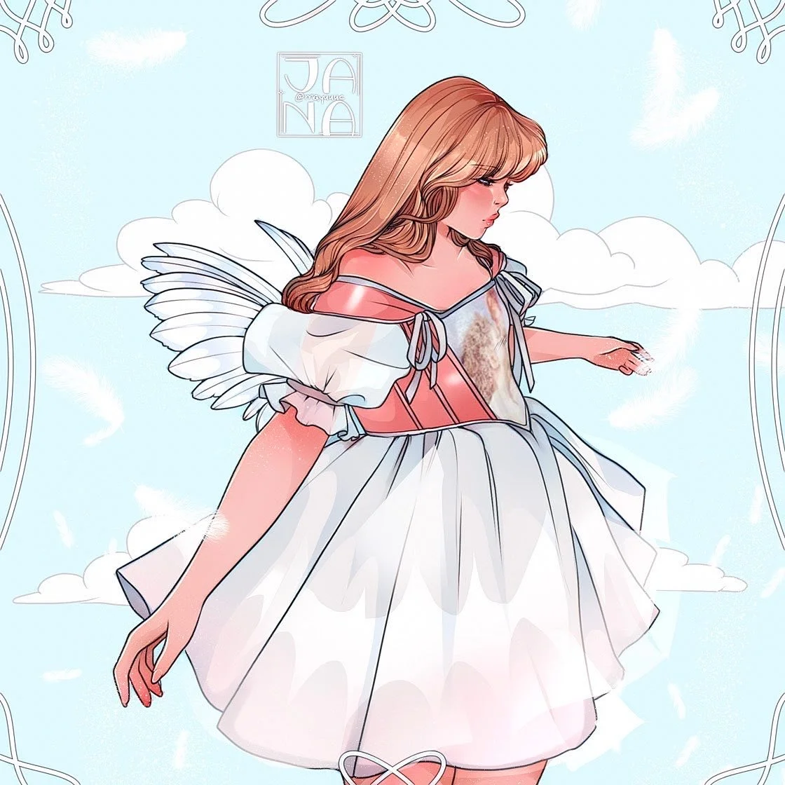 An illustration of a girl with angel wings, dressed in a fancy white and pink dress, standing in a sky with clouds.