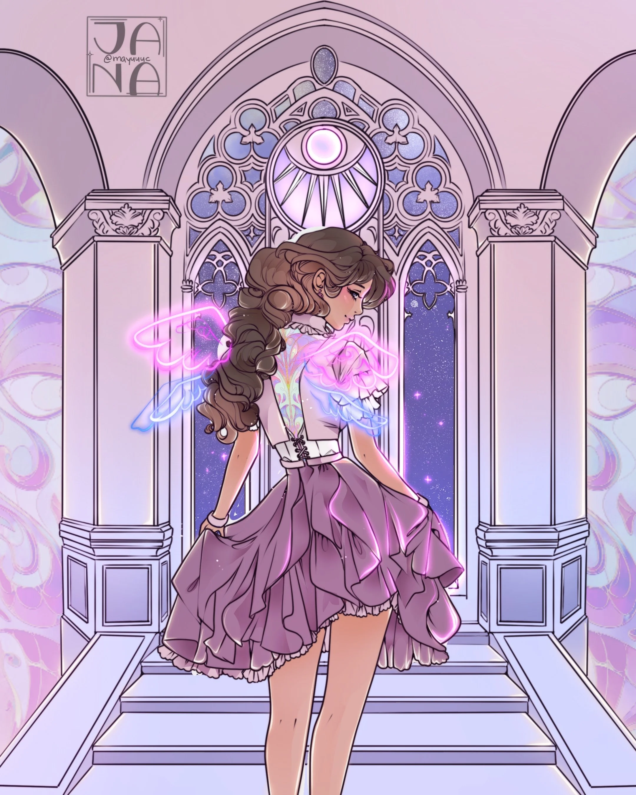 An animated illustration of a girl with long, wavy brown hair dressed in a purple skirt and a white blazer, with glowing pink and blue fairy wings, standing on stairs in a cathedral-like setting with stained glass windows and gothic arches.