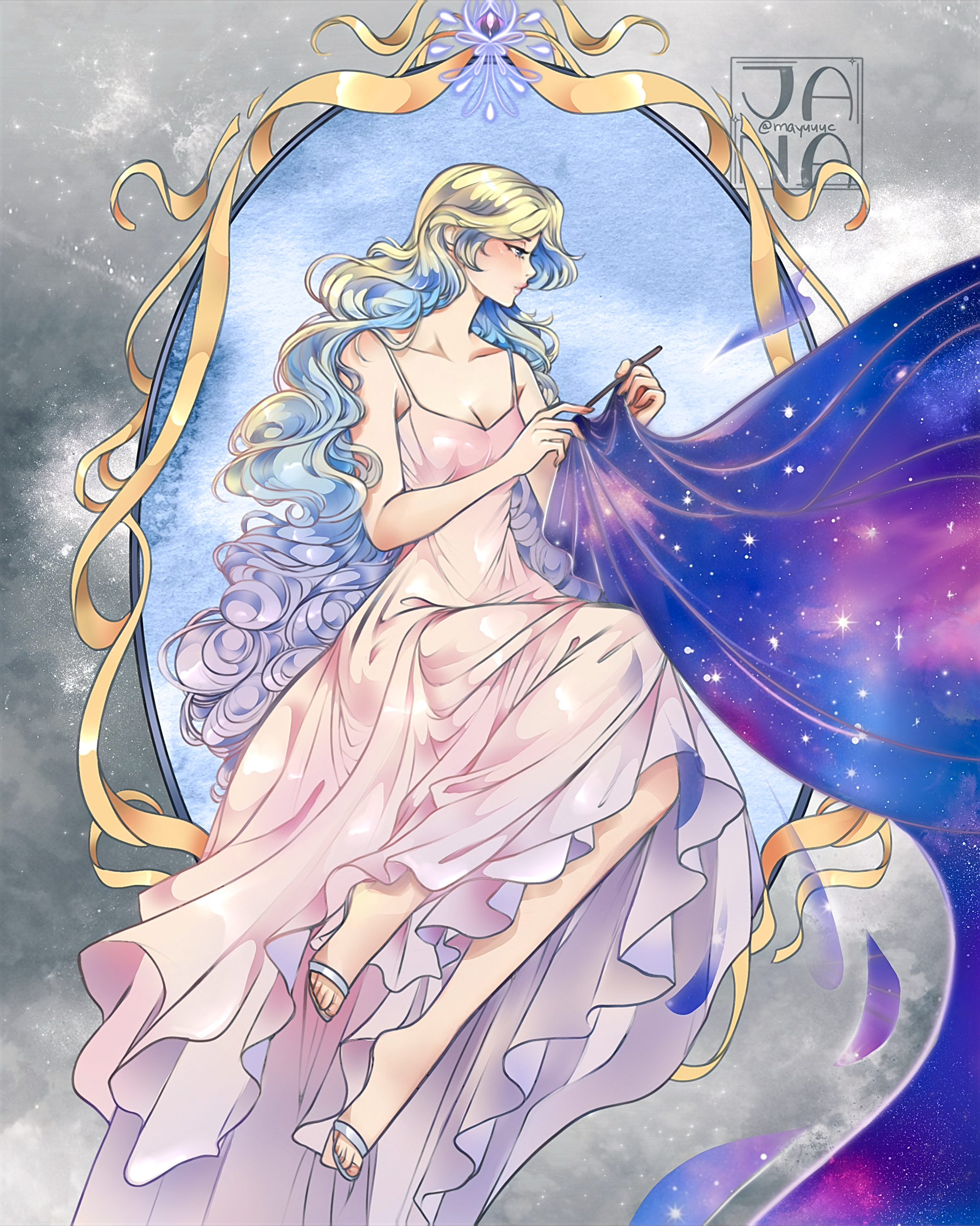 A woman with long, flowing, multi-colored hair in shades of blue, blonde, and lavender, wearing a pink dress with thin straps, sits in a celestial setting. She holds a brush and a piece of flowing fabric or starry material, surrounded by sparkles, st