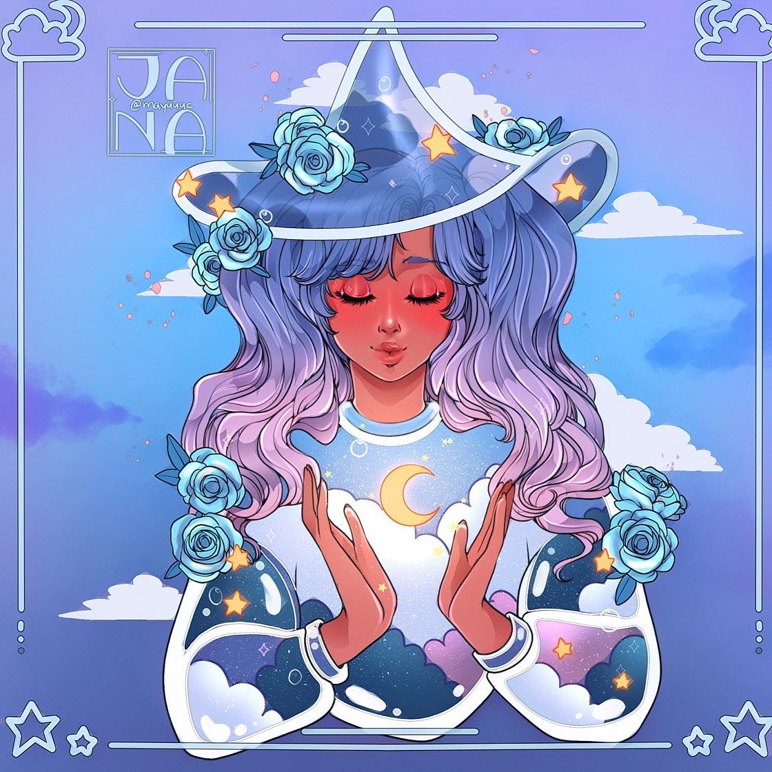 A digital illustration of a woman with long, wavy hair with pastel purple and blue shades, wearing a celestial-themed crown and clothing decorated with clouds, stars, and moons. She has closed eyes and a peaceful expression, with hands gently holding