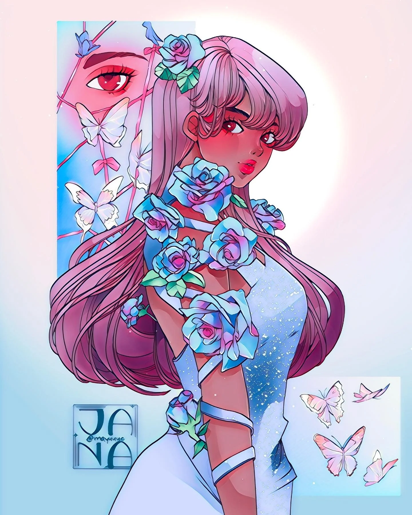 Digital illustration of a young woman with long pink hair adorned with blue roses, surrounded by colorful butterflies, wearing a white dress with glitter accents, with a dreamy, pastel background.
