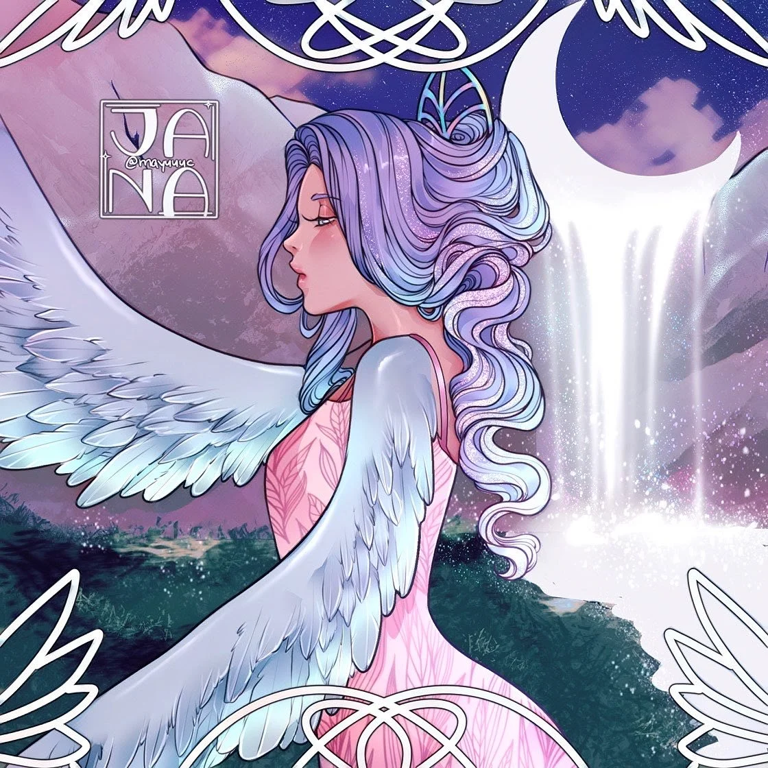 Digital artwork of a winged woman with long, wavy, multi-colored hair in front of waterfalls and a night sky with the moon. The woman is in profile, with closed eyes and a serene expression. She has pale skin, and her wings are white with light blue 