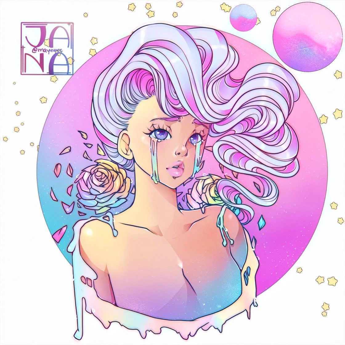 Digital art of a woman with flowing pastel-colored hair, tears and dripping liquid, surrounded by stars and planets in a space theme.
