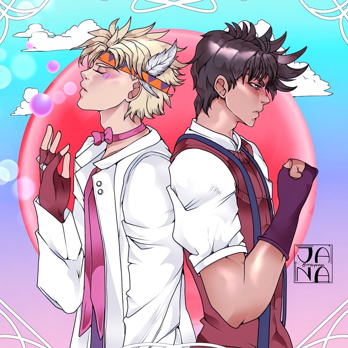 Anime-style illustration of two male characters back-to-back with serious expressions, one with light hair, rabbit ears, and a pink bow tie, the other with dark hair and a white headband, set against a colorful background with clouds and energetic li