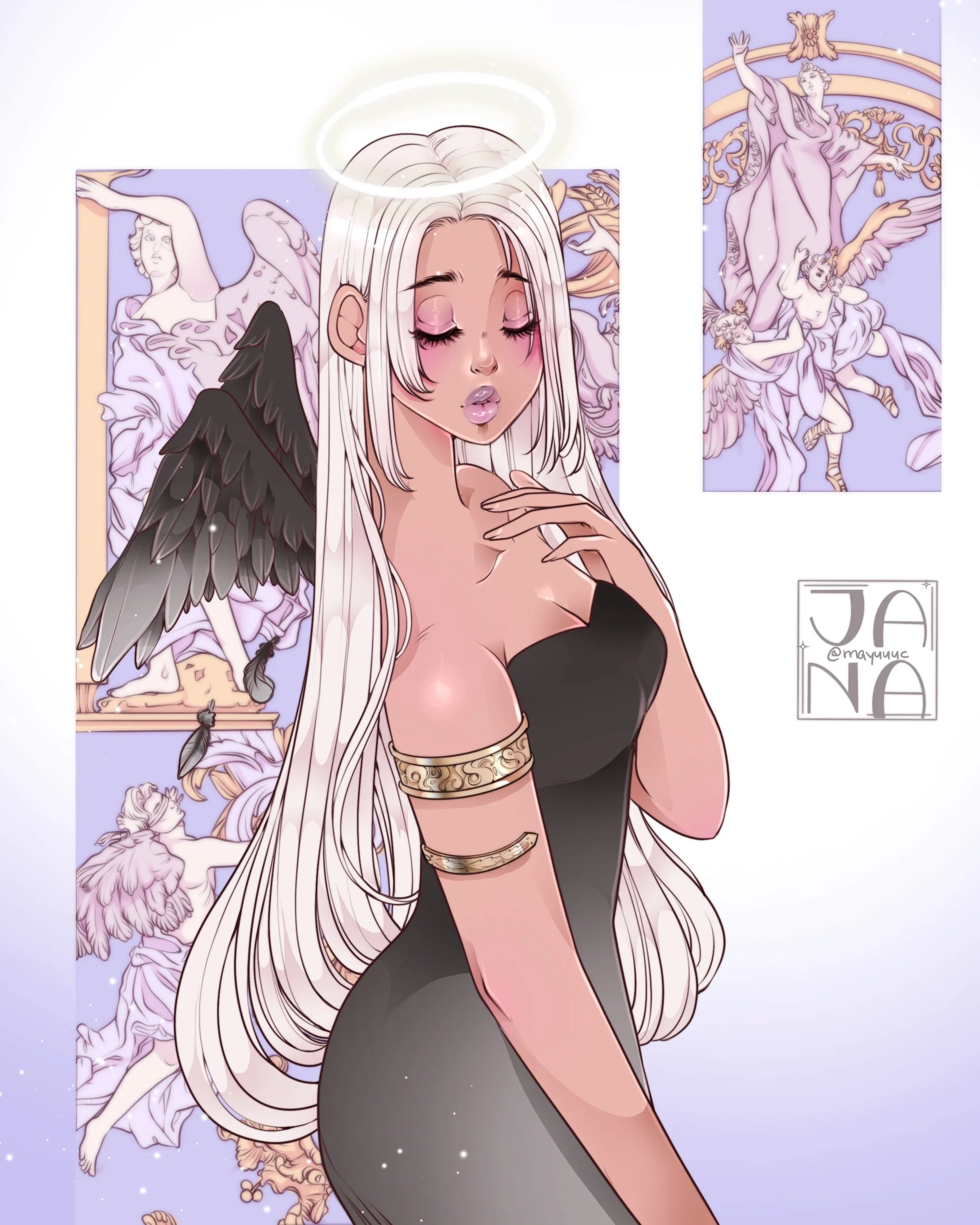 Digital illustration of a woman with long white hair, closed eyes, and a glowing halo above her head, wearing black clothing with gold accessories, and black wings. Behind her are classical style pastel-colored murals depicting angels and cherubs aga