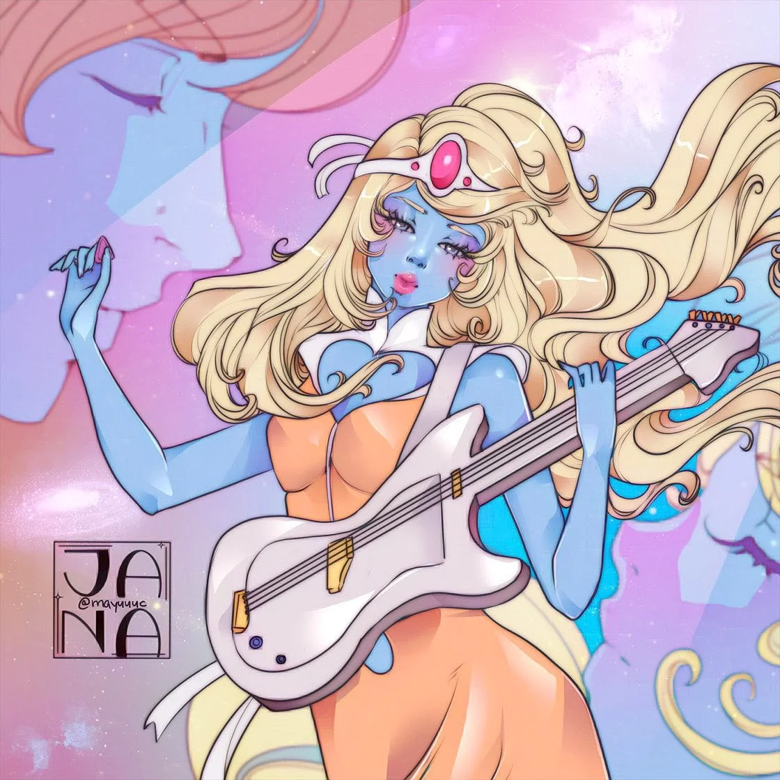 A digital illustration of a blue-skinned girl with long, flowing blonde hair playing an electric guitar. She wears a headband with a pink gemstone, a sleeveless orange dress, and has a dreamy expression as she looks at a semi-transparent reflection o