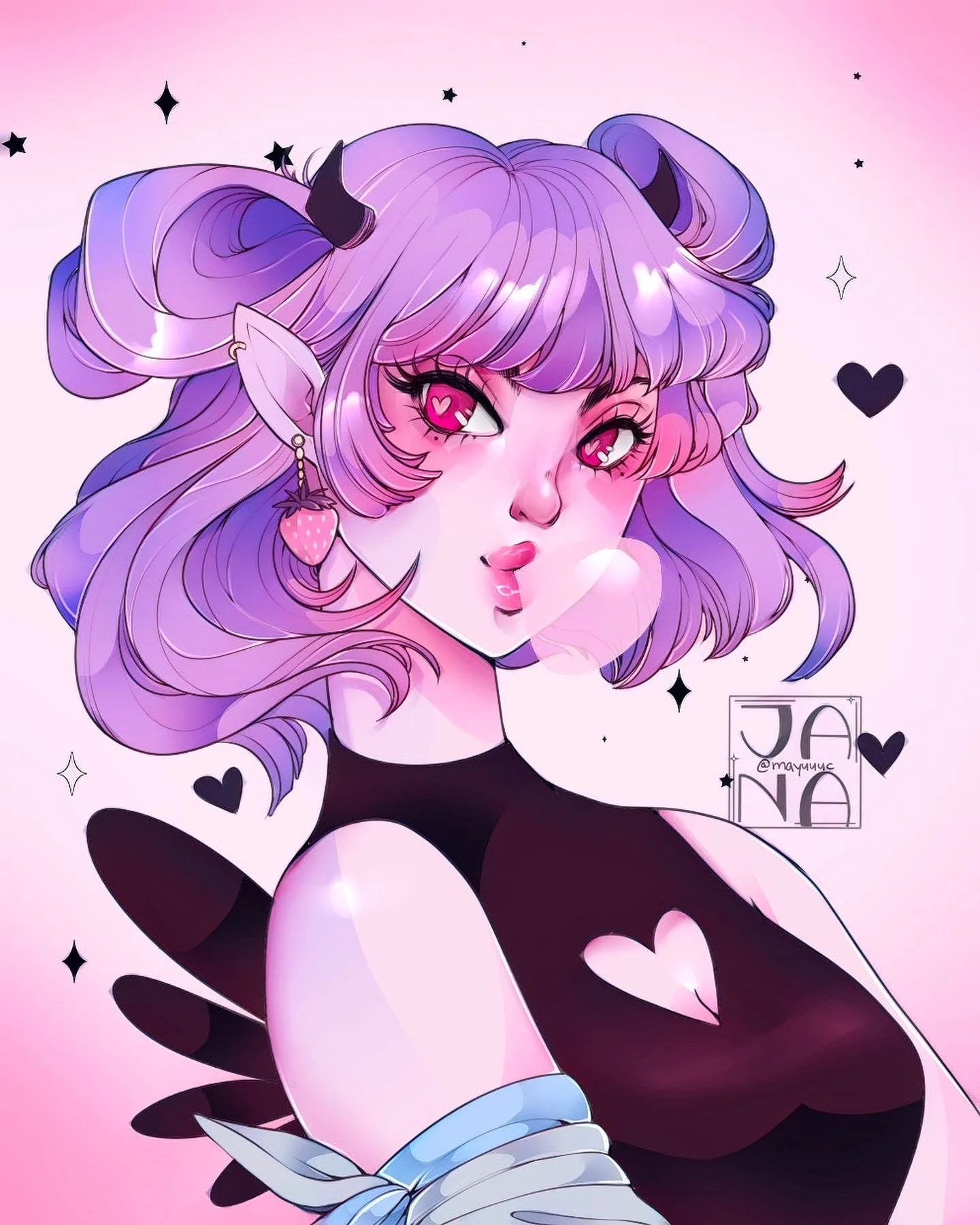 Anime-style digital illustration of a girl with lavender hair in pigtails, pink eyes with heart-shaped pupils, elf-like ears, wearing a black top with a heart design, surrounded by black hearts and stars, against a pink background.