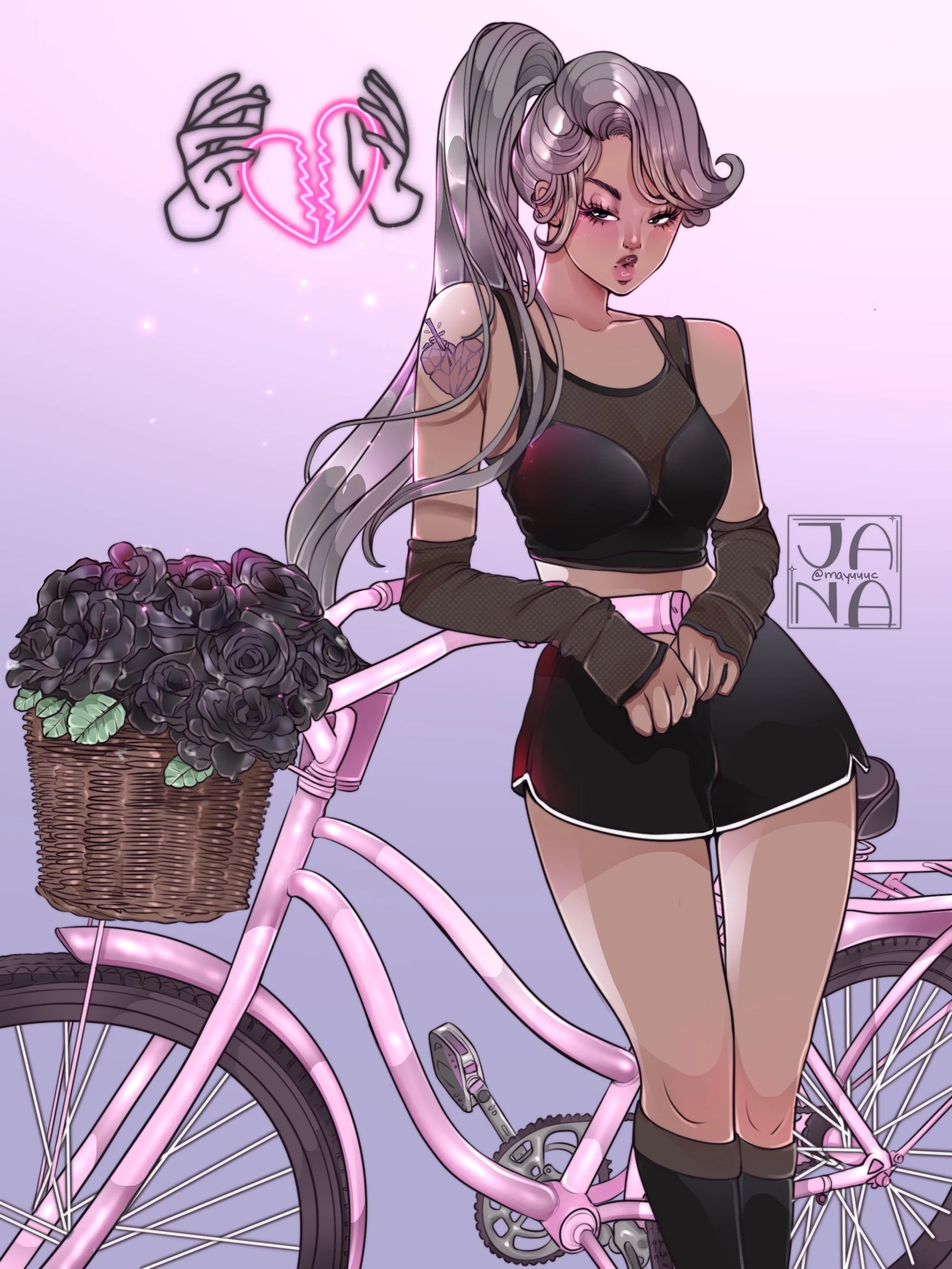 Digital illustration of a young woman with purple hair in a high ponytail, wearing a black tank top, shorts, and thigh-high socks, sitting on a pink bike with a basket of purple roses. A neon broken heart sign is in the background.