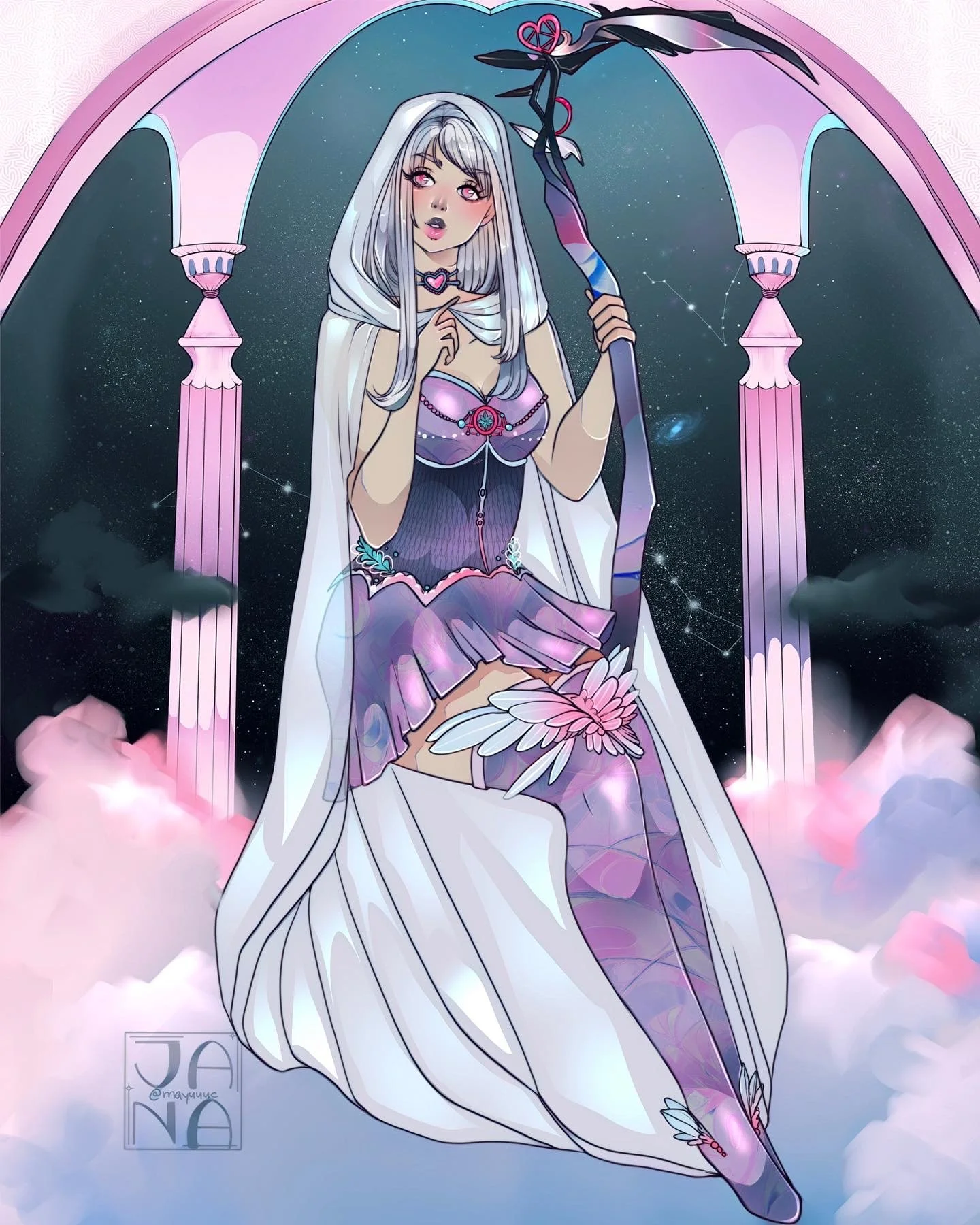Anime-style illustration of a girl with long white hair sitting on a cloud. She is dressed in a pastel-colored outfit with a white cape, holding a staff with a heart-shaped top. The background features stars, constellations, pink clouds, and celestia