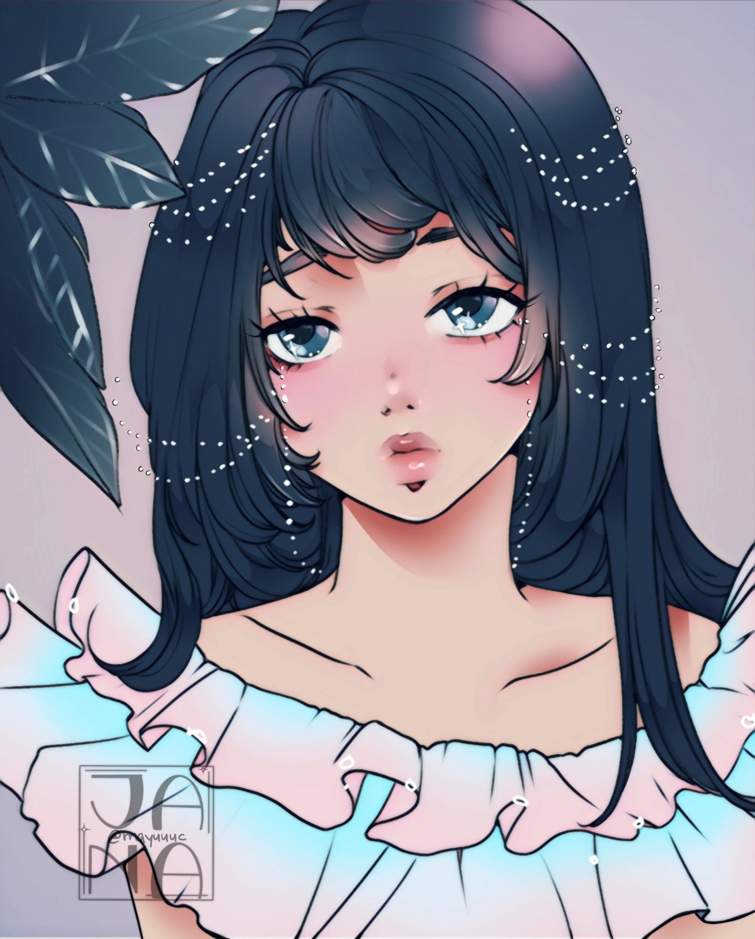 A digital illustration of a girl with long dark hair wearing glasses, a pink ruffled dress, and a pastel colored background with leaves.