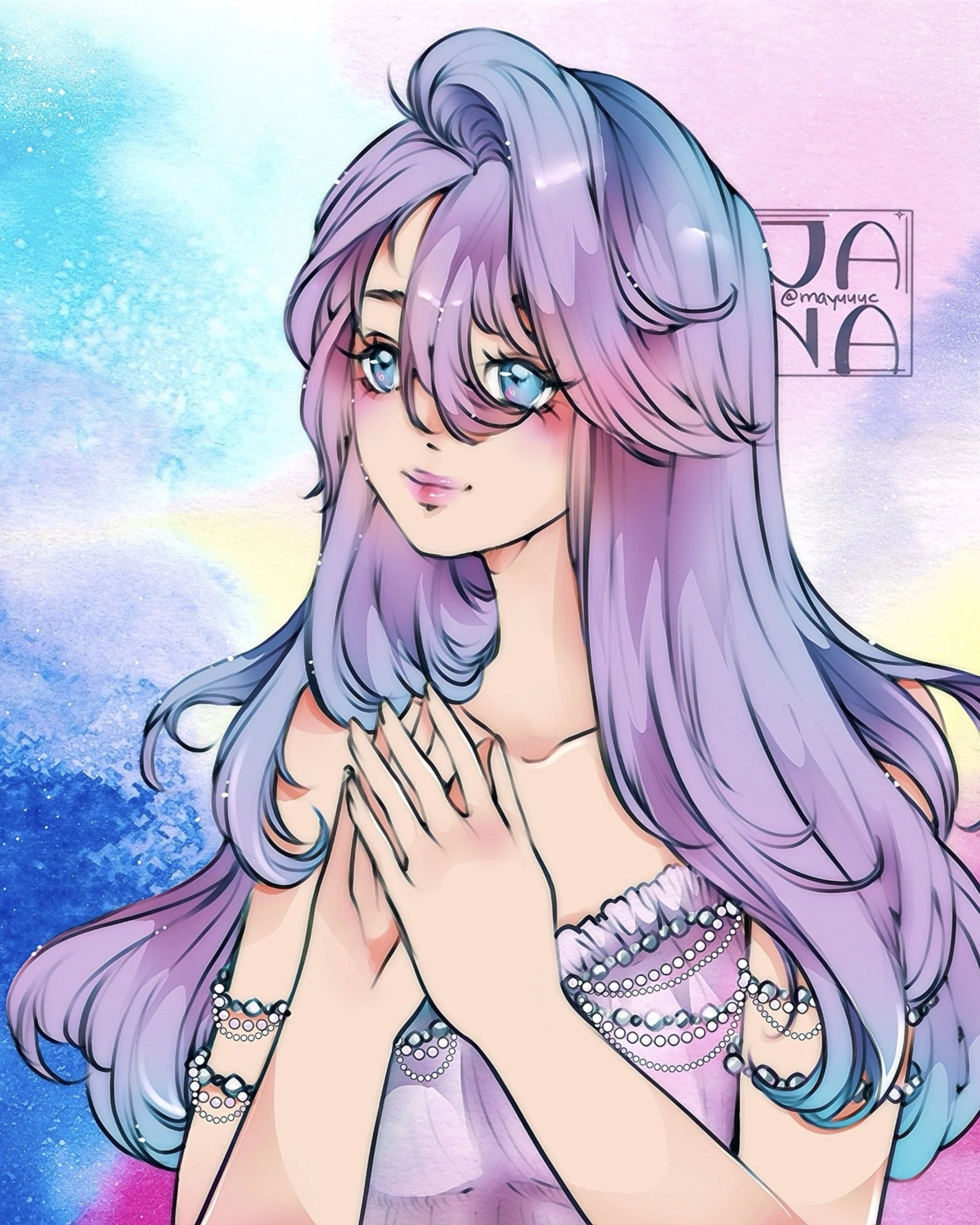 Anime-style girl with long purple and blue hair, wearing pearl jewelry, touching her chest, with a multicolored, pastel background.