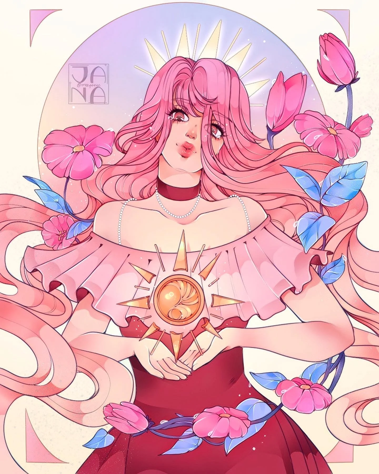 An illustration of a girl with long pink hair, wearing a pink off-the-shoulder top, with a pearl necklace and choker, surrounded by pink and blue flowers. She is holding a glowing sun symbol with a spiral inside, with a halo of light behind her head.