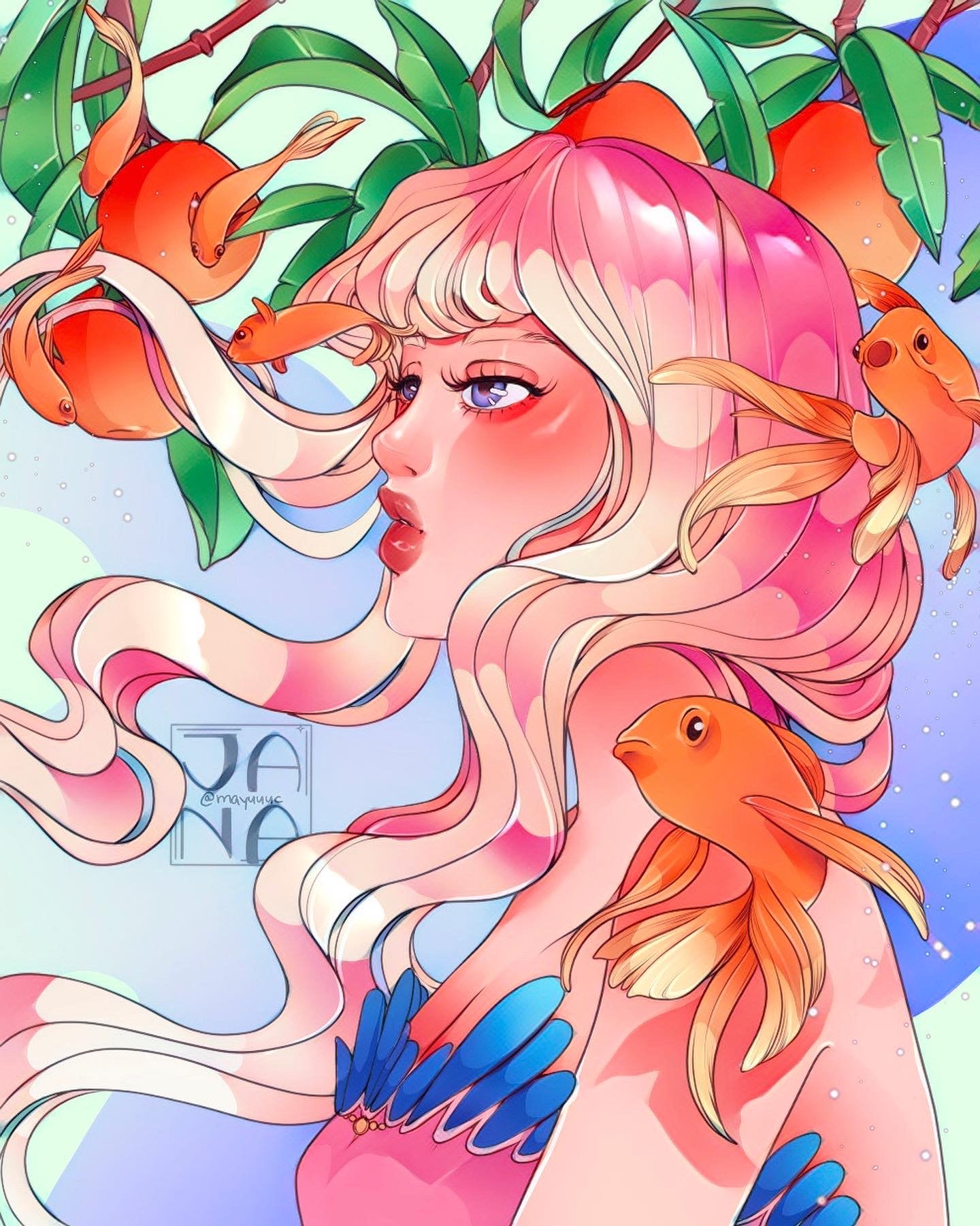 Digital art of a woman with long flowing hair surrounded by orange fish and green leaves, with a pastel background.