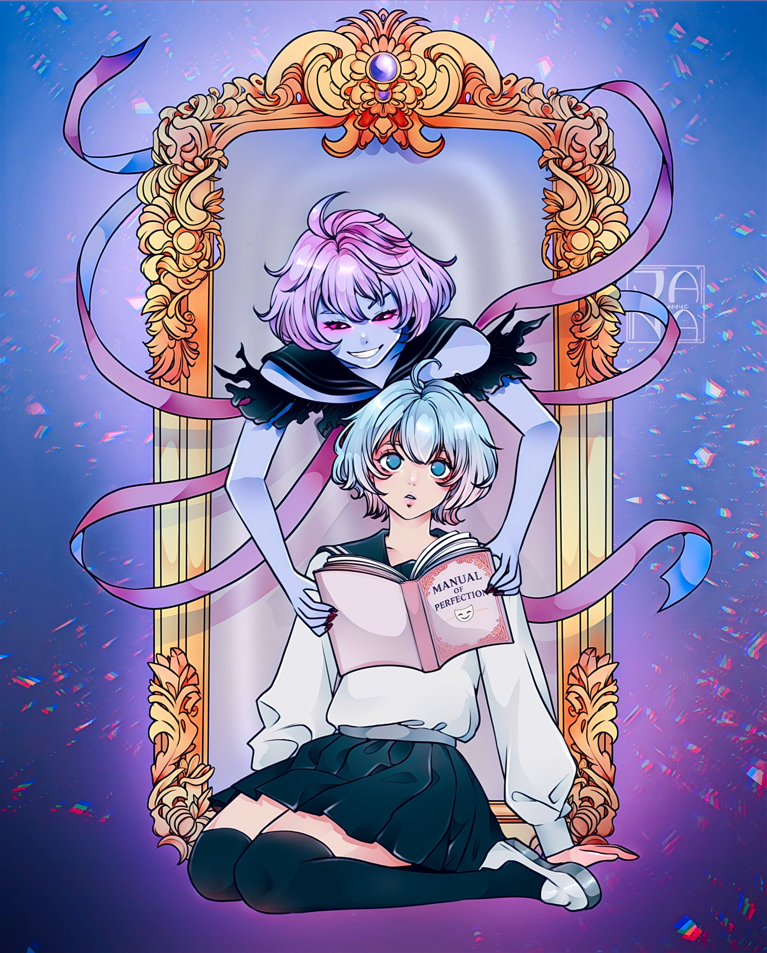 Anime-style illustration of two characters sitting under a decorative ornate frame against a glittery, colorful background. The upper character has pink hair, red eyes, and a mischievous expression. The lower character has white hair, black eyes, and