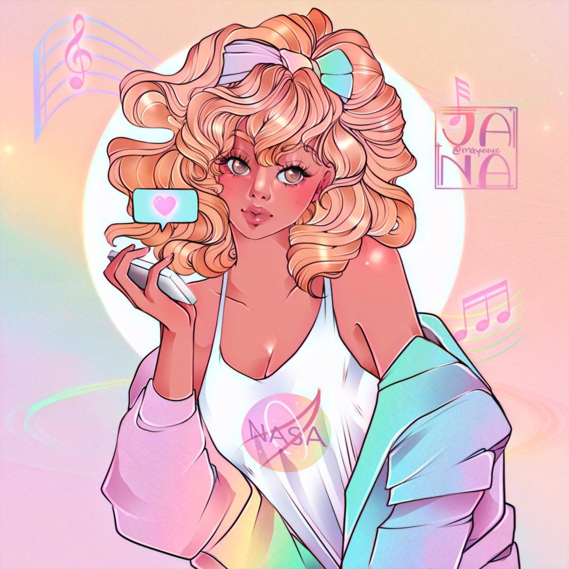 A colorful digital illustration of a young woman with curly blonde hair, wearing a NASA tank top and a pastel jacket. She is holding a phone with a pink heart notification, surrounded by musical notes and social media icons.