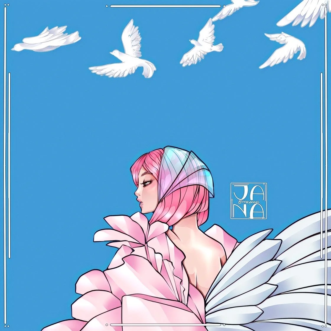 Digital artwork of a woman with pink hair and a colorful, translucent umbrella, surrounded by flying white doves against a blue sky.