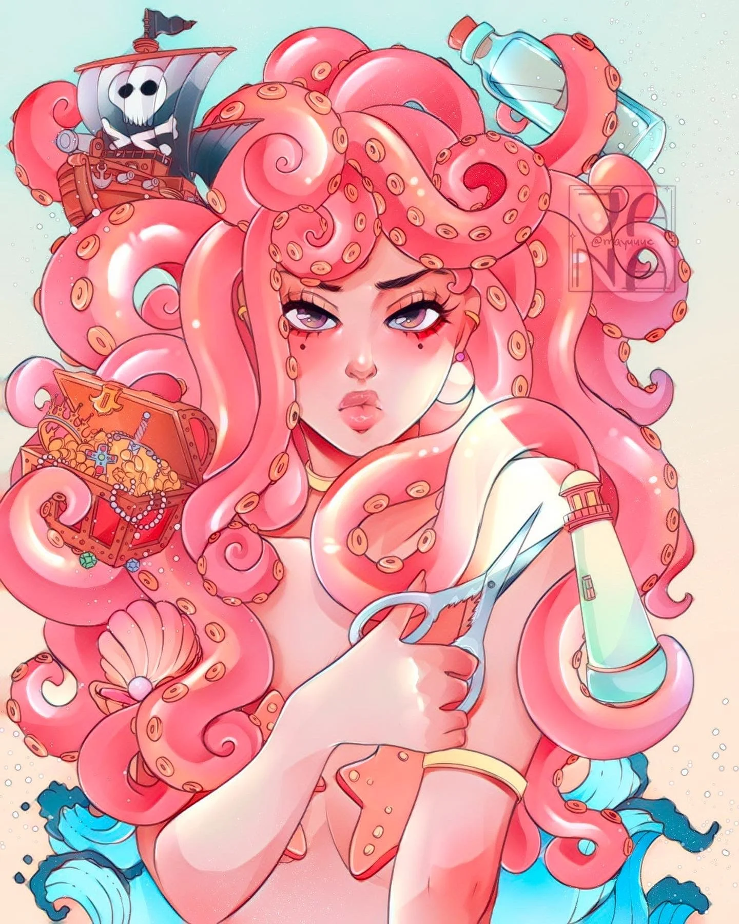 Digital artwork of a woman with long pink curly hair resembling octopus tentacles, holding a pair of scissors and a beaker. There is a pirate ship with a skull and crossbones on her head, a treasure chest filled with gold coins and jewelry, and blue 