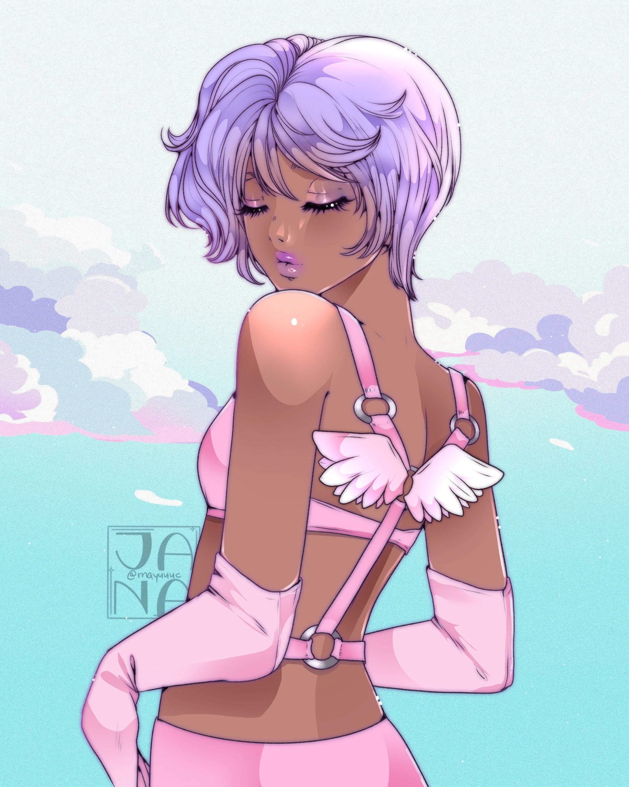 A digital illustration of a woman with lavender short hair, closed eyes, and wearing pink clothing and gloves, standing against a pastel sky with clouds.