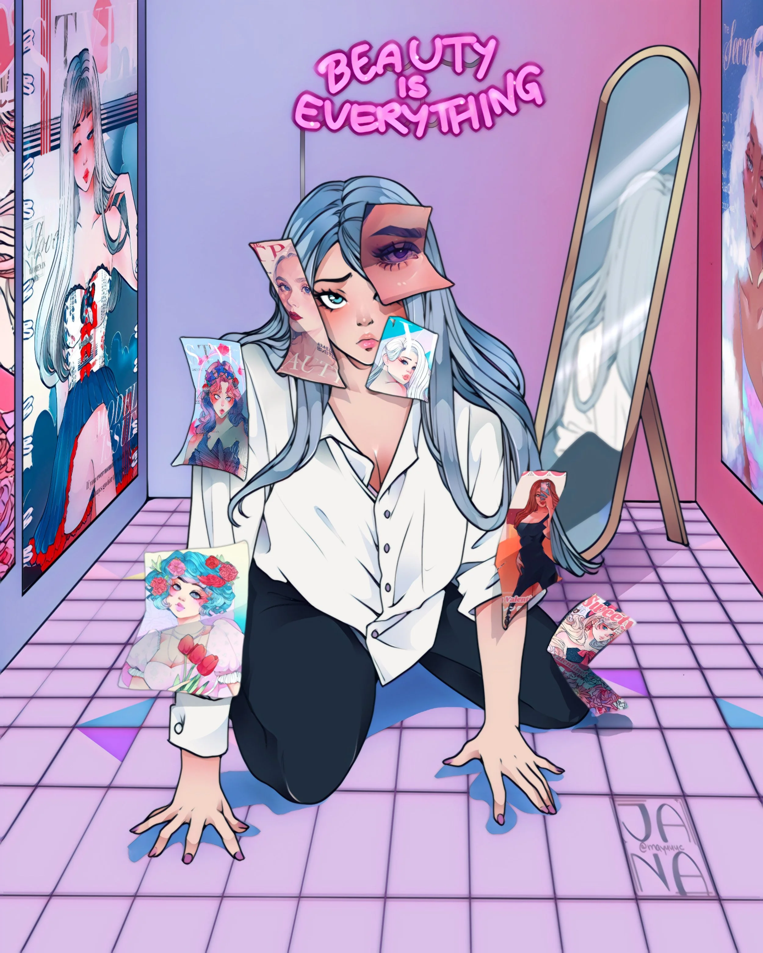 A digital illustration of a young woman with long blue hair, wearing a white shirt and dark pants, crouching on a pink tiled floor in a room decorated with magazine pages and posters. A neon sign reading 'Beauty is Everything' is on the wall behind h