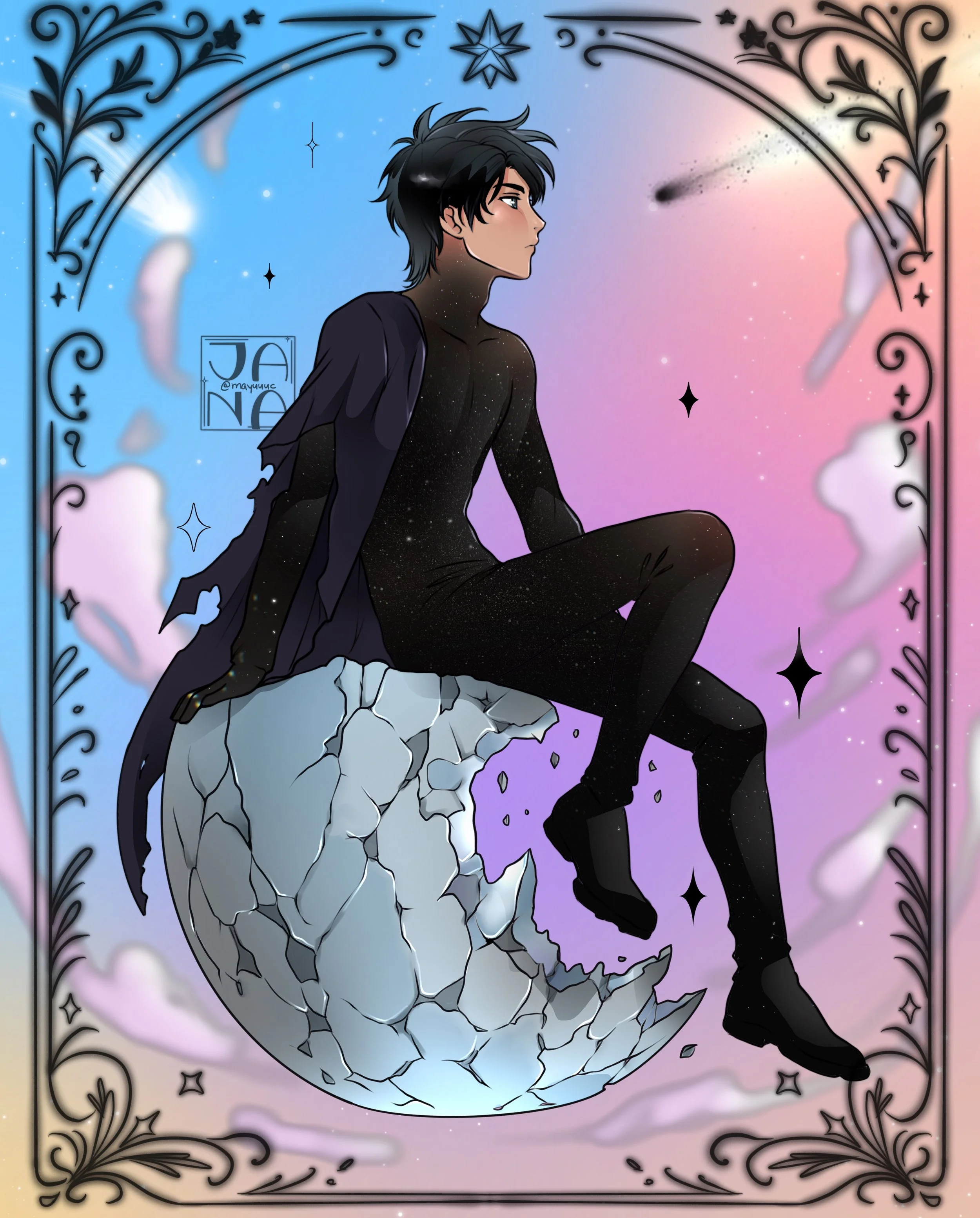 A digital illustration of a young man with black hair sitting on a large cracked white sphere floating in the sky. The background features a gradient of blue, purple, pink, and orange with stars, clouds, and a meteor. The scene is framed with decorat