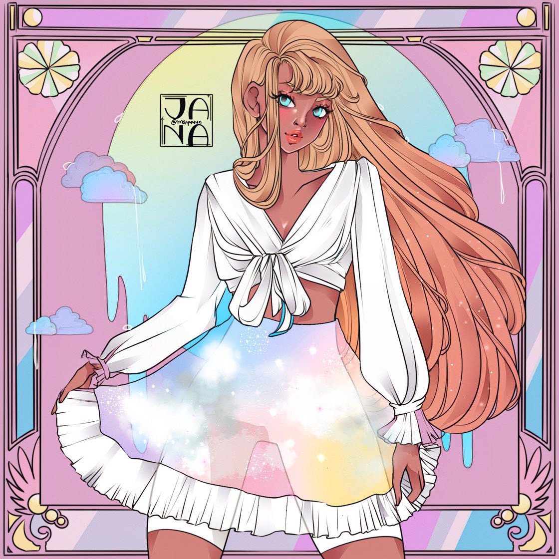 A digitally illustrated woman with long, flowing ginger hair, wearing a white tie-front blouse and a pastel-colored skirt with a sparkly, magical appearance. The background has pastel clouds, rain, and an ornate pastel border with geometric and flora