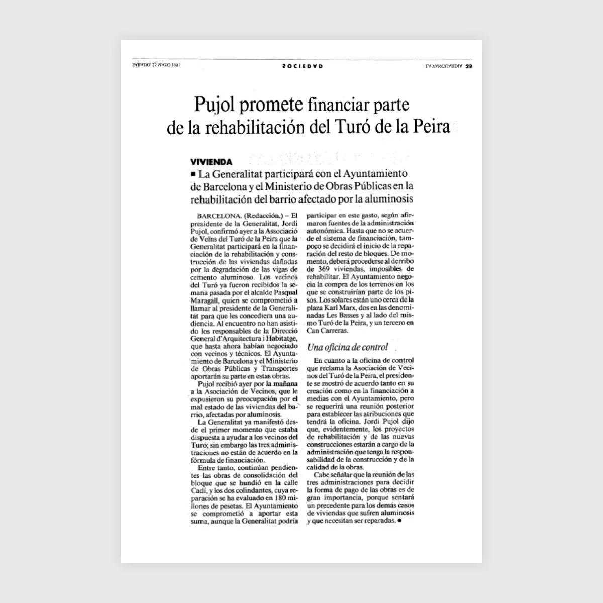 Pujol promet finançar part de la rehabilitació del Turó de la Peira - 1991