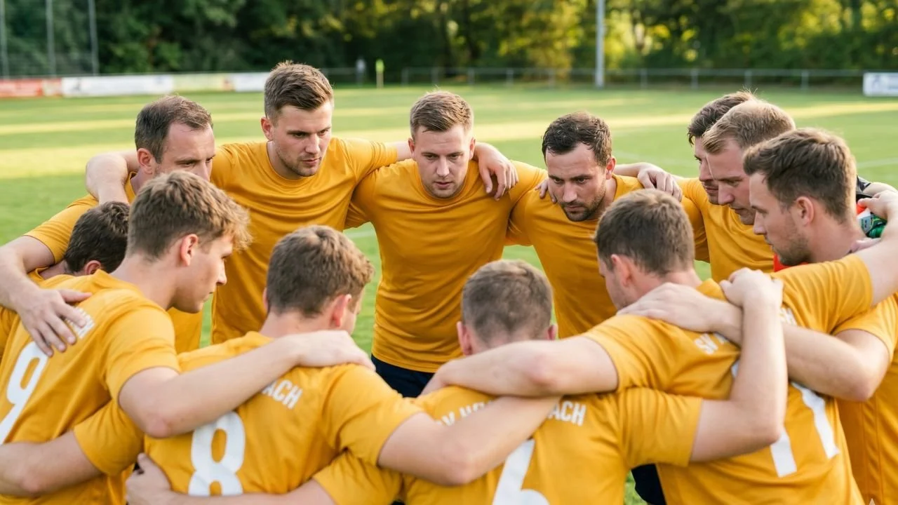 Frauen- oder Männerfußballteam in gelben Trikots, die sich vor einem Spiel oder während eines Team-Meetings auf einem Fußballfeld zusammengeschart haben.