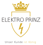 Das Logo zeigt einen goldenen Kronenbalken über einem Schutzschild mit Blitzsymbol, darunter steht 'ELEKTRO PRINZ' und 'Unser Kunde Ist König'.