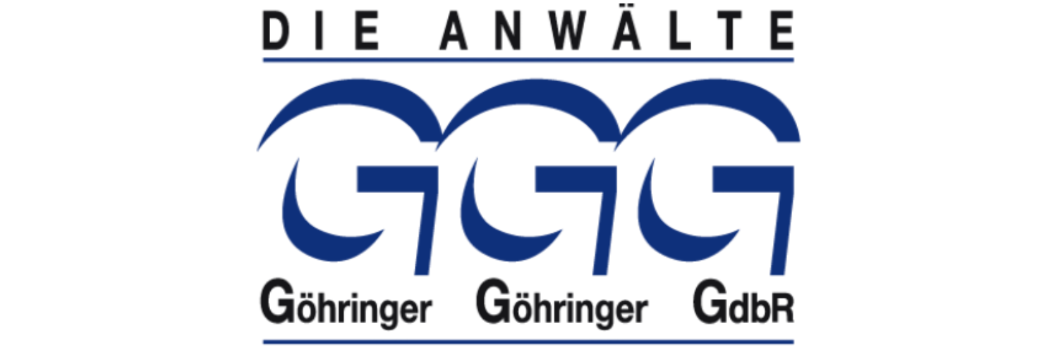 Logo der Anwaltskanzlei 'Die Anwälte Göhringer GdBR' mit drei stilisierten blauen G's, der Name der Kanzlei oben und die Standorte Göhringer und GdBR unten.