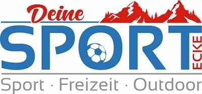 Logo mit der Aufschrift 'Deine SPORT ECKE', Bergsilhouette, Soccerball im Buchstaben 'O', Begriffe 'Sport', 'Freizeit', 'Outdoor'.