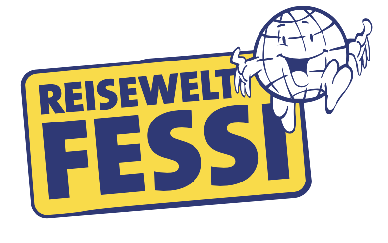 Logo mit dem Text 'Reisewelt Fessi' und einer lachenden, anthropomorphe Weltkugel, die Arme umarmt.