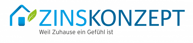 Logo mit Haus, Blatt und dem Text 'ZINSKONZEPT' und Slogan 'Weil Zuhause ein Gefühl ist'.