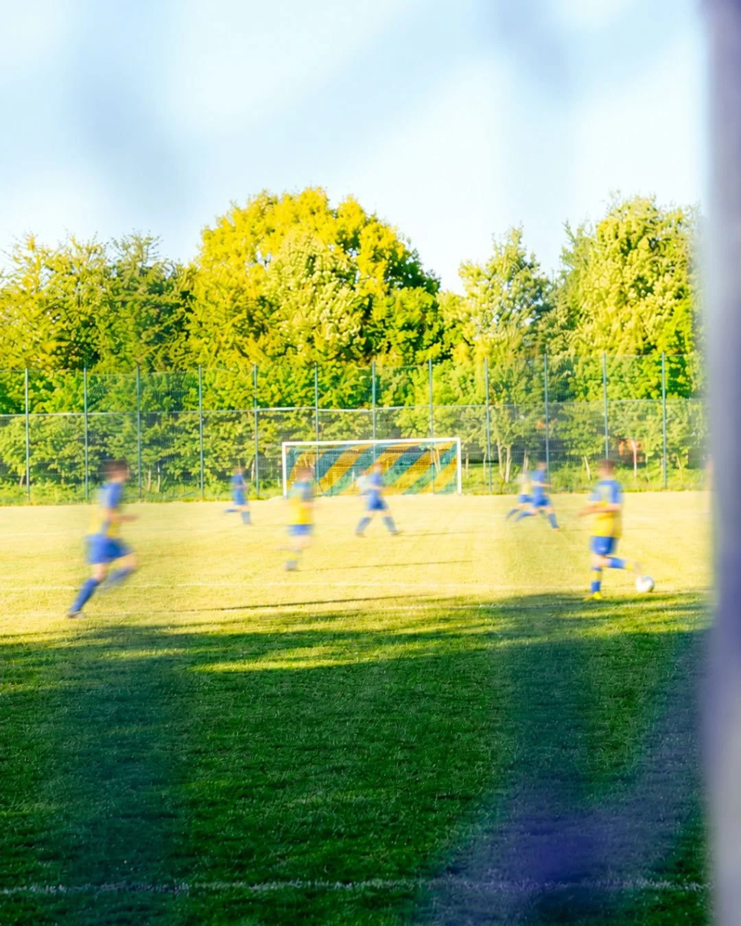 Blaue Trikots spielende Kinder auf einem Fußballfeld, gesehen durch ein Fenster mit Gitter, mit Bäumen im Hintergrund.