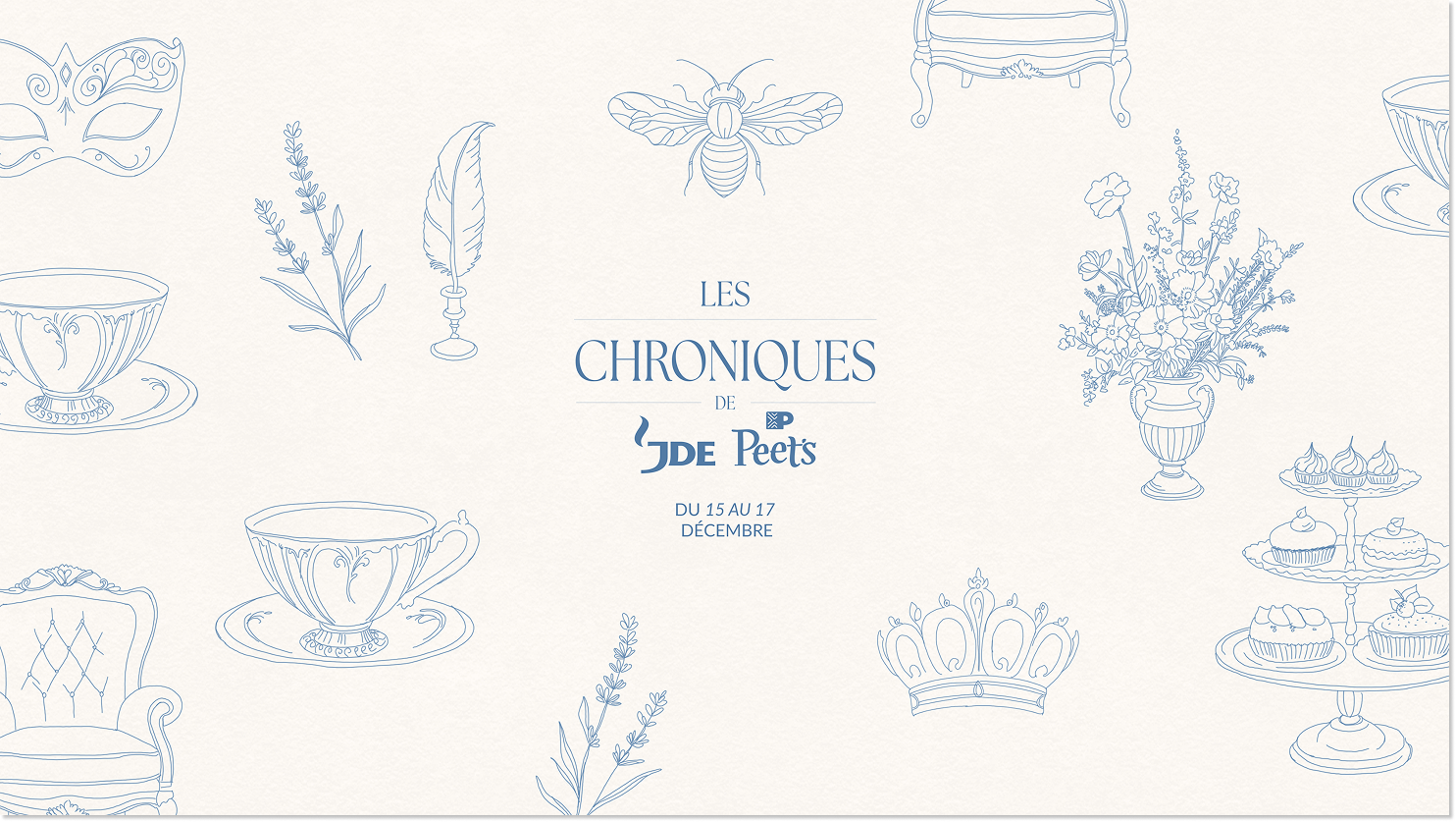 Invitation aux chroniques de Jade Peets, événement du 15 au 17 décembre, décoré de dessins en ligne de tasses, de gâteau, de couronnes, de bijoux et de fleurs en style minimaliste.