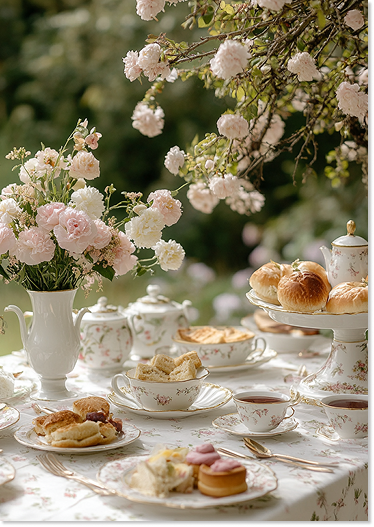 Un repas de thé en plein air avec des fleurs de gâteau, pain, des tasses à thé et des plats, décoré avec des roses et des fleurs blanches.