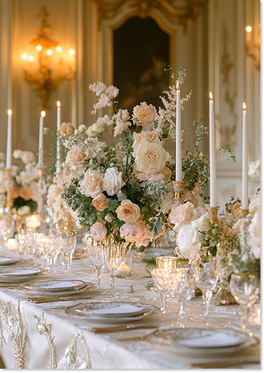 Table élégamment décorée avec un grand arrangement floral de roses et d'œillets blancs, chandelles allumées, verres à vin et assiettes en porcelaine dans une salle luxueuse.