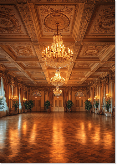 Une grande salle élégante avec un plafond orné de moulures, deux grands lustres en cristal et des fenêtres avec des rideaux dorés, pavée de parquet en bois.