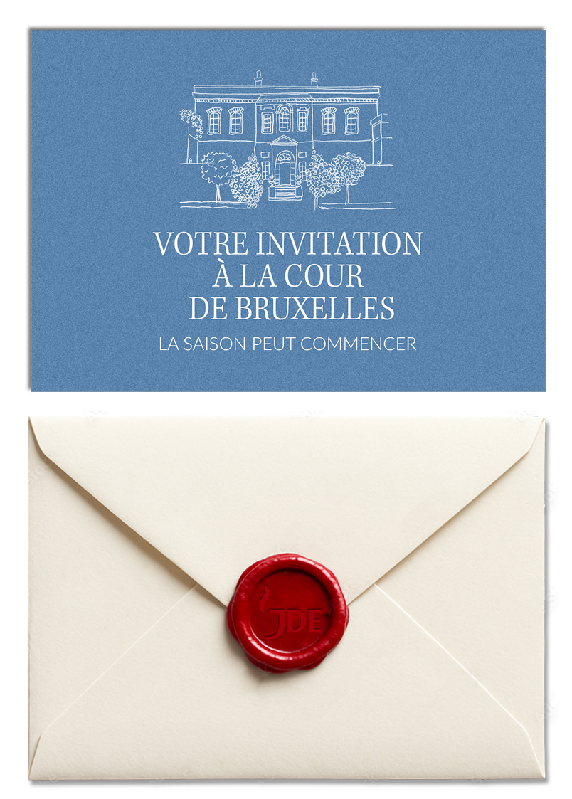 Invitation à la cour de Bruxelles avec un dessin d'une maison et une enveloppe scellée avec un cachet en cire rouge.
