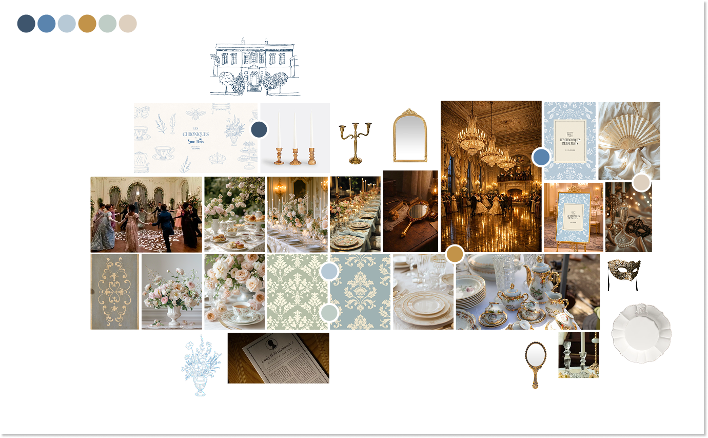 Présentation d'une décoration de mariage vintage avec des éléments pastel, fleurs, chandeliers, vaisselle fine, et une salle de réception élégante avec chandeliers et palais