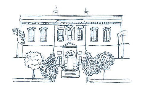 Esquisse d'une grande maison ou d'un bâtiment officiel avec trois fenêtres au deuxième étage, une porte centrale, entourée d'arbustes et d'arbres, dessin en style technique ou architectural.