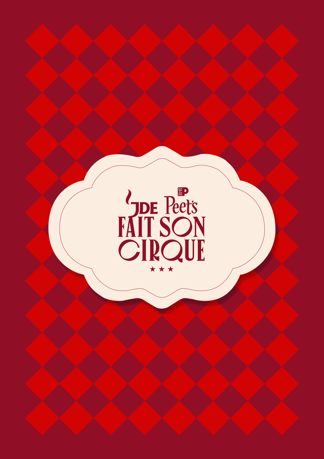 Affiche de cirque avec un fond en damier rouge et noir et un texte en français dans un label blanc : "Peet's Fait Son Cirque"