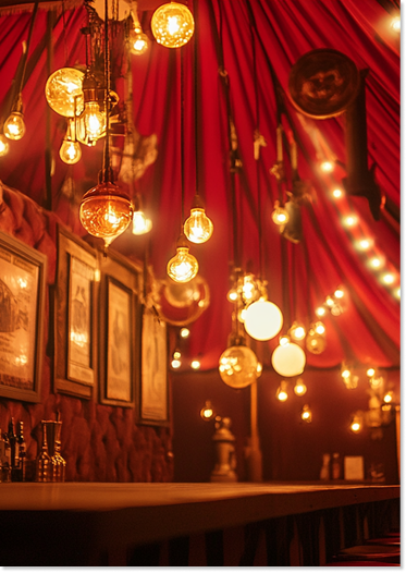 Décor chaleureux avec guirlandes lumineuses dans un établissement avec tenture rouge.