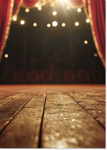 Une scène de théâtre avec des planches en bois au premier plan, un rideau rouge de chaque côté, et des lumières suspendues au plafond, créant une ambiance de représentation.