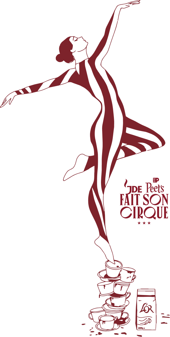 Une illustration évoquant un spectacle de cirque, représentant une danseuse équilibrée sur des objets empilés, avec le texte "Jade Peets Fait Son Cirque".