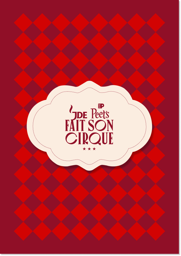 Couverture d'un livre intitulé "De Peet's fait son cirque" avec un fond rouge à motifs de losanges