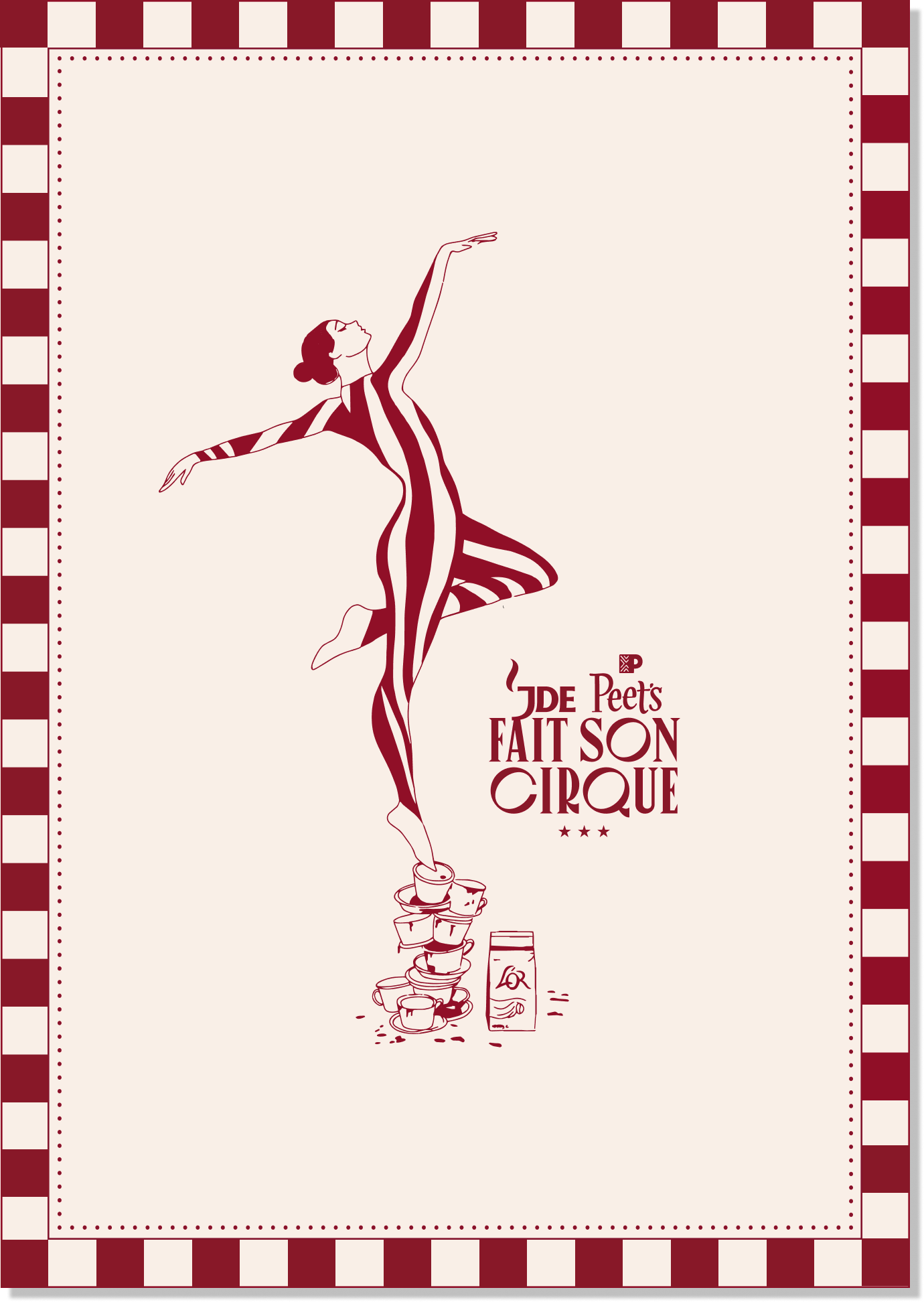 Une affiche de cirque mettant en scène un acrobate équilibrant sur des tasses empilées, avec le texte "Jde Peets fait son cirque" et un fond à carreaux rouges et beiges.