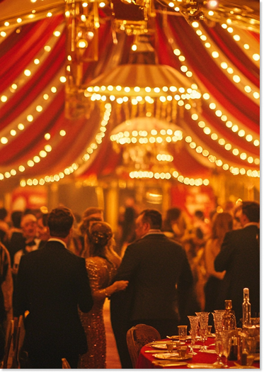 Soirée élégante avec éclairage chaleureux, invités en tenue formelle, décoration de fête avec guirlandes lumineuses et tables élégantes.